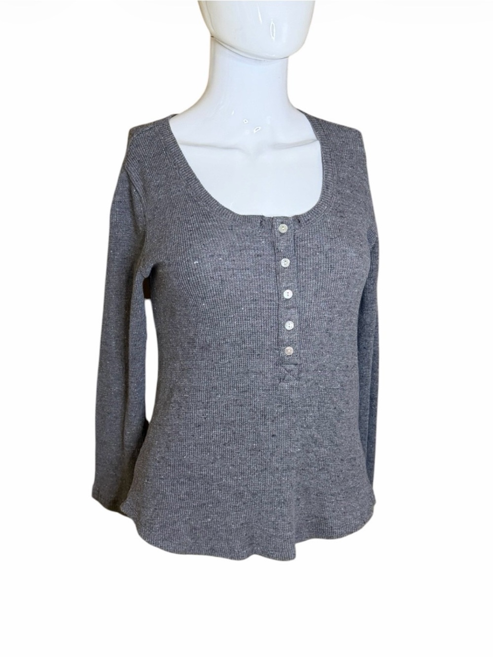 Lucky Brand Gray Ribbed Scoop Neck Henley Long Sleeve Top